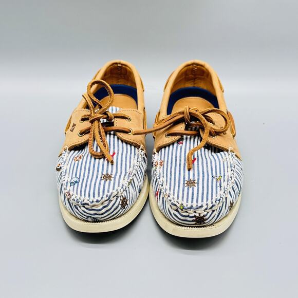 Sperry Shoes Womens 8.5 Blue White Stripe Leather Boat Nautical Embroidered - Picture 3 of 12